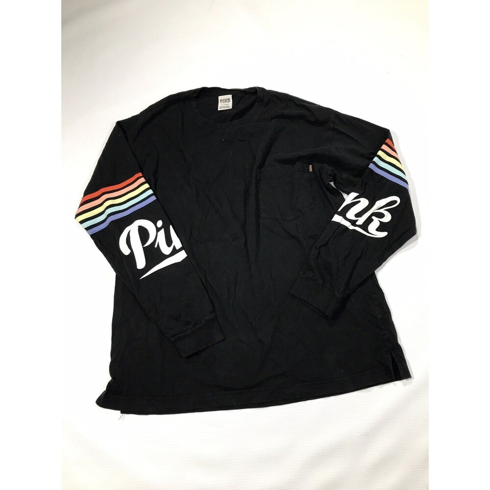 PINK Victoria's Secret Black Long Sleeve Tee with Rainbow Sleeve Stripes